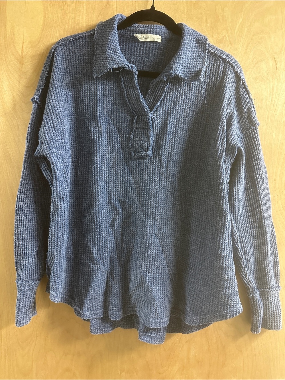Relaxed Waffle-Knit Pullover Hoodie - Blue